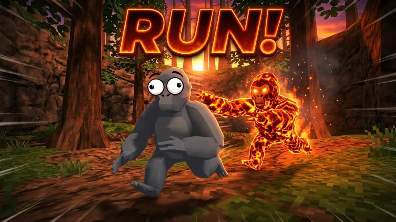 The same scene turned into a RUN chase thumbnail with a glowing lava monke