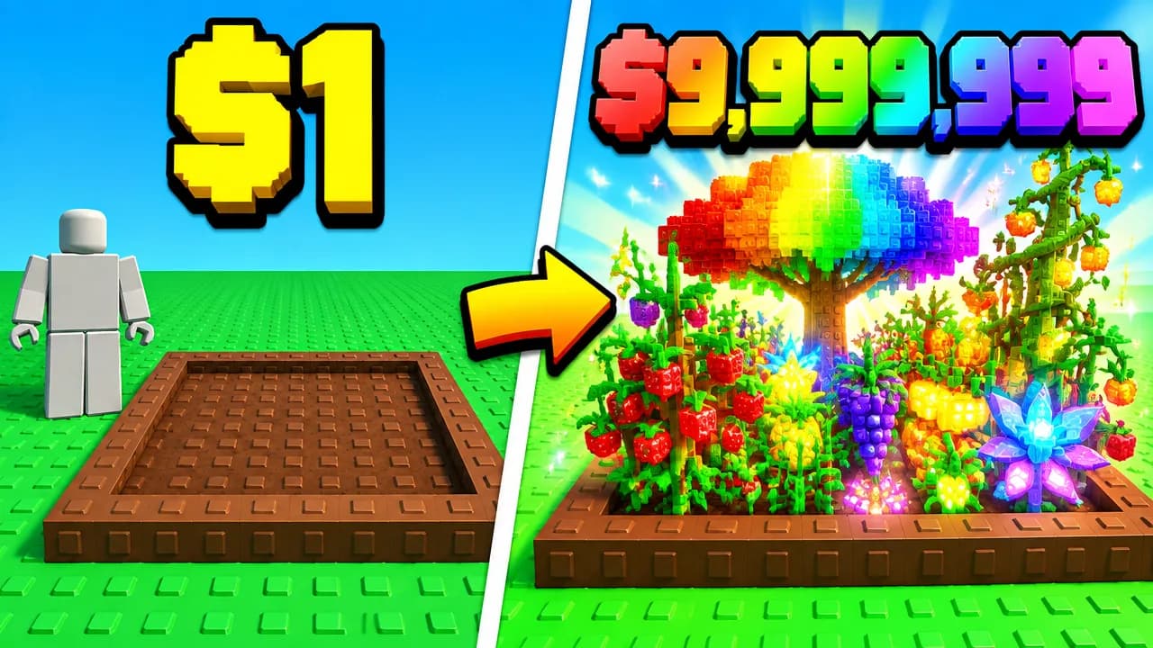 The same scene turned into a $1 to $9,999,999 Grow a Garden thumbnail