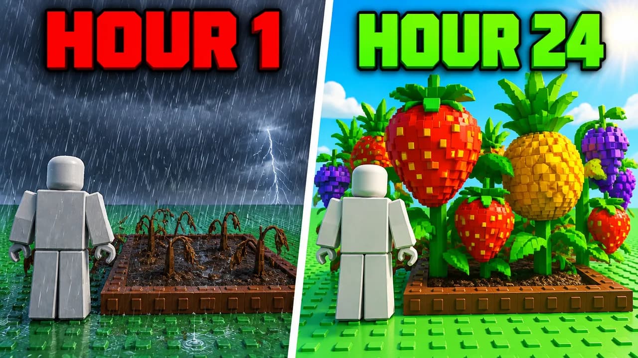 HOUR 1 vs HOUR 24 Grow a Garden thumbnail, storm then giant fruit