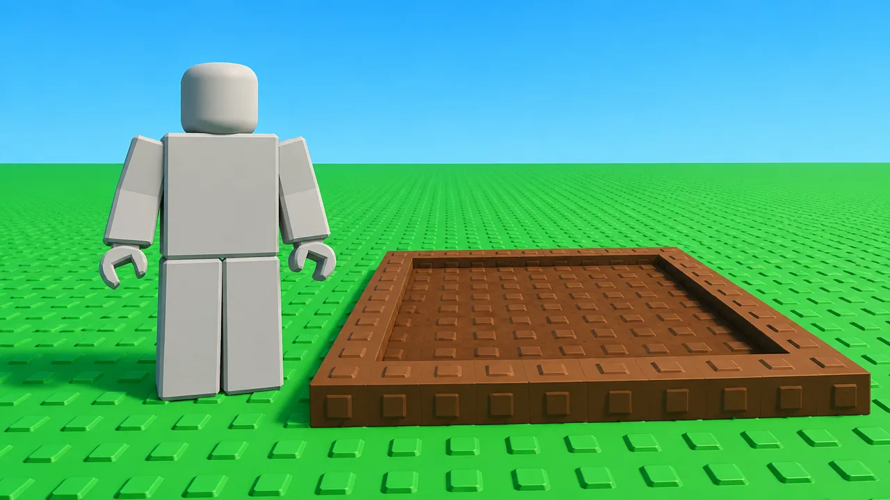 A plain grey Roblox character next to an empty dirt garden plot
