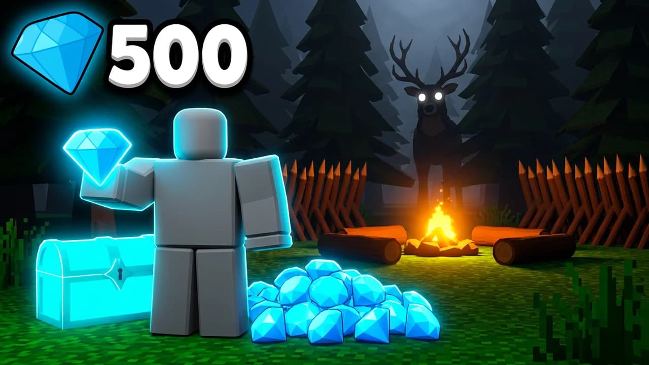 99 Nights in the Forest diamonds thumbnail template, a player holding up a glowing blue diamond beside a glowing chest and a pile of diamonds by the campfire, 500 with a diamond icon