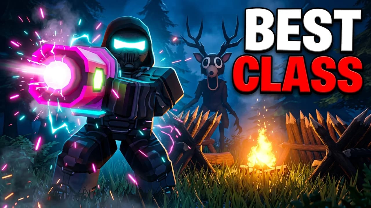 99 Nights in the Forest best class thumbnail template, a player in dark cyborg armour firing a glowing pink laser cannon, the Deer by the campfire behind, BEST CLASS text