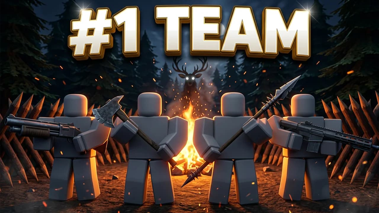 99 Nights in the Forest team thumbnail template, four players with a shotgun, an axe, a spear and a rifle standing around a campfire, glowing Deer eyes in the trees, #1 TEAM text