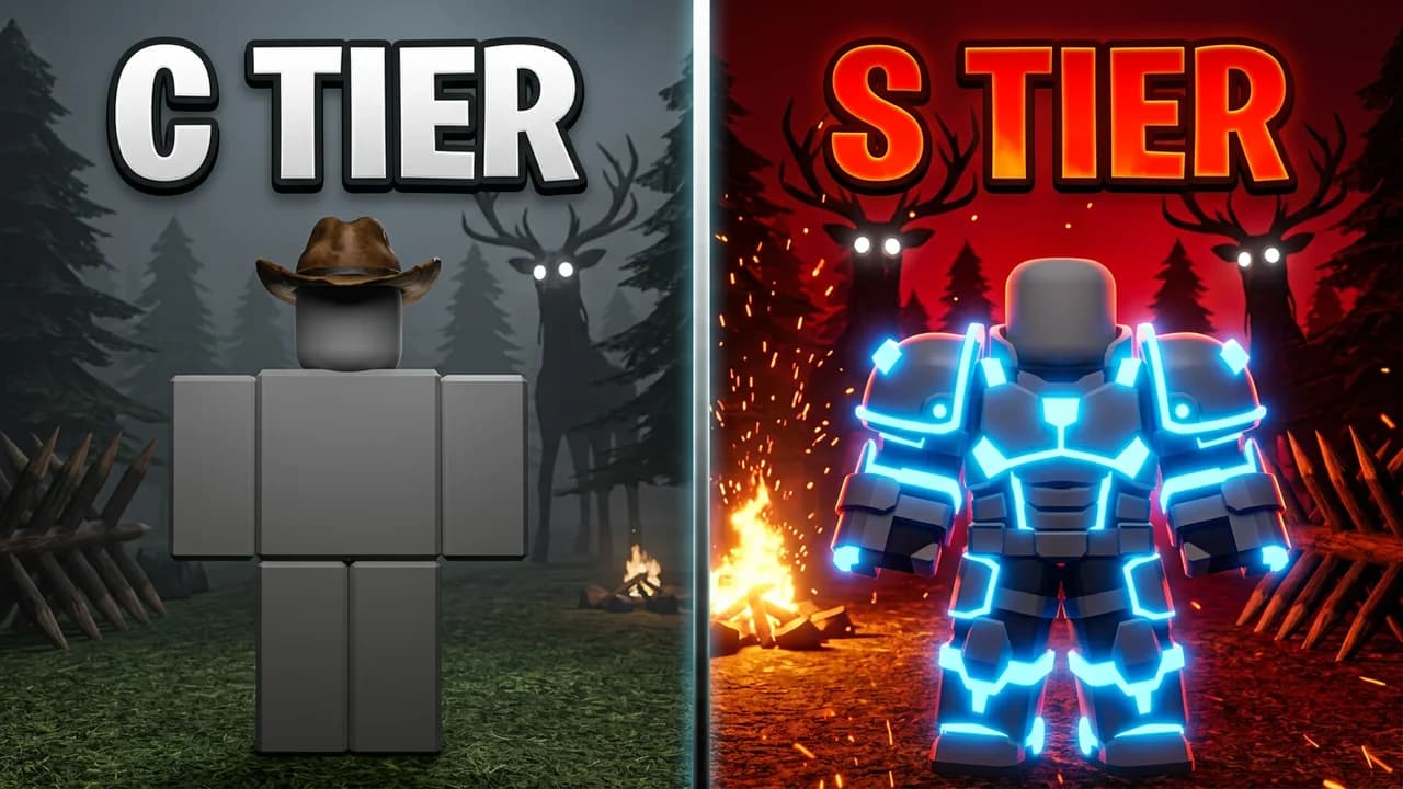 99 Nights in the Forest class tier thumbnail template, a plain player in a cowboy hat on a grey side, a player in glowing blue armour on a red side, C TIER and S TIER text