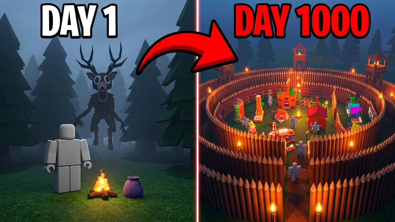 99 Nights in the Forest day 1 vs day 1000 thumbnail template, a lone player by a campfire with the Deer in the fog on the left, a red arrow to a huge round log-walled base full of buildings on the right, DAY 1 and DAY 1000 text