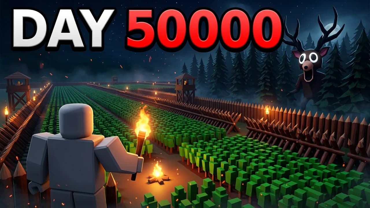 99 Nights in the Forest long survival thumbnail template, a player with a torch in front of rows of crops and log walls stretching away, the Deer peeking from the trees, DAY 50000 text