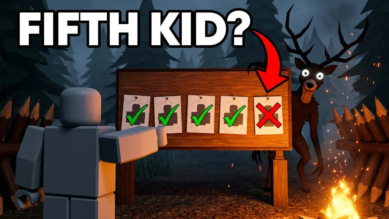 99 Nights in the Forest missing kids thumbnail template, a player pointing at a wooden board of five posters, four ticked green and the last crossed red, the Deer behind the board, FIFTH KID? text