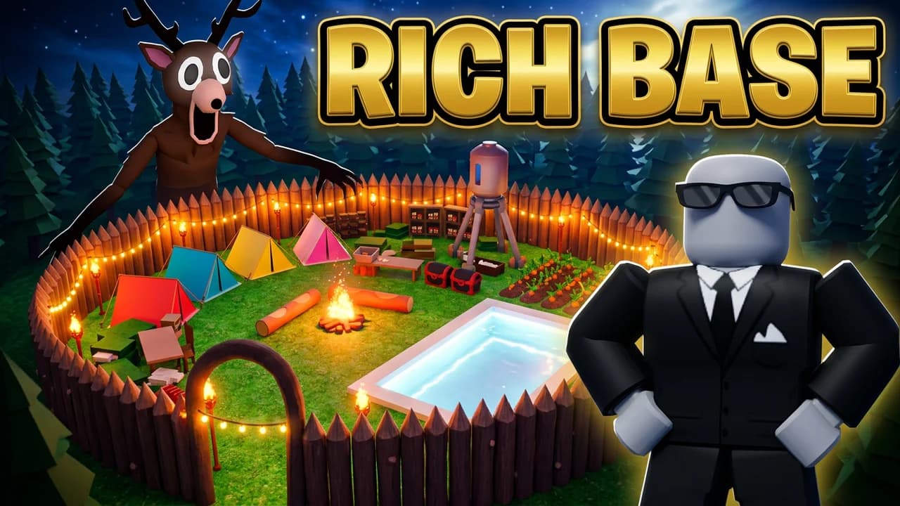 99 Nights in the Forest rich base thumbnail template, a player in a suit and sunglasses in front of a round log-walled base with tents, a pool, string lights and a water tower, the Deer peeking over the wall, RICH BASE text