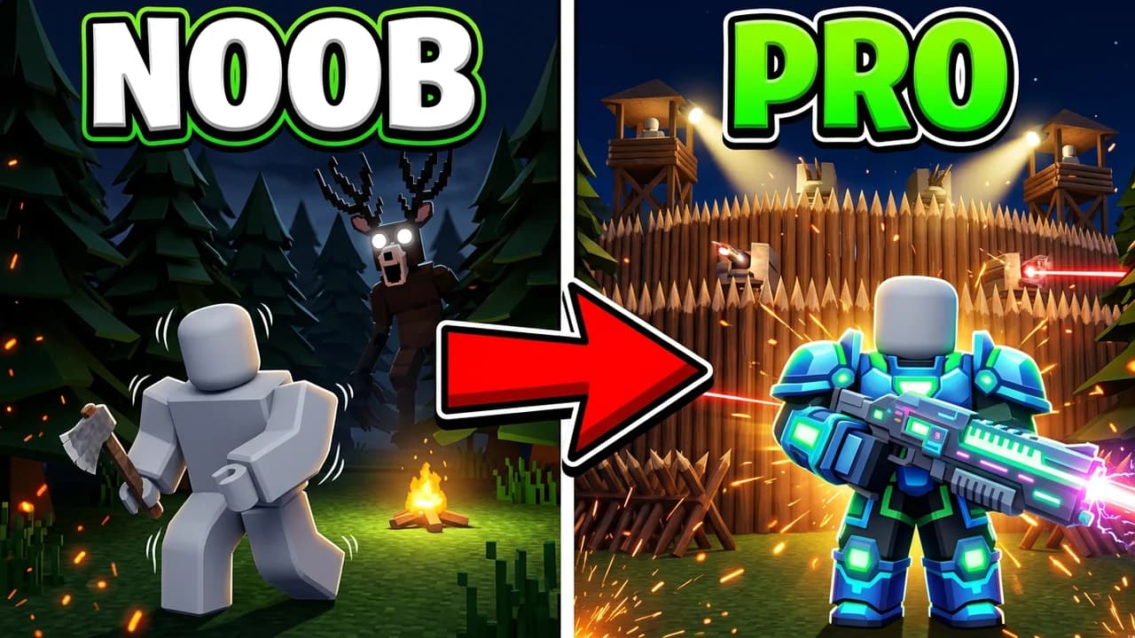 99 Nights in the Forest noob vs pro thumbnail template, a scared player with an axe by a small campfire and the Deer behind on the left, the same player in glowing blue armour with a laser gun in front of a log fortress on the right, a red arrow and NOOB and PRO text