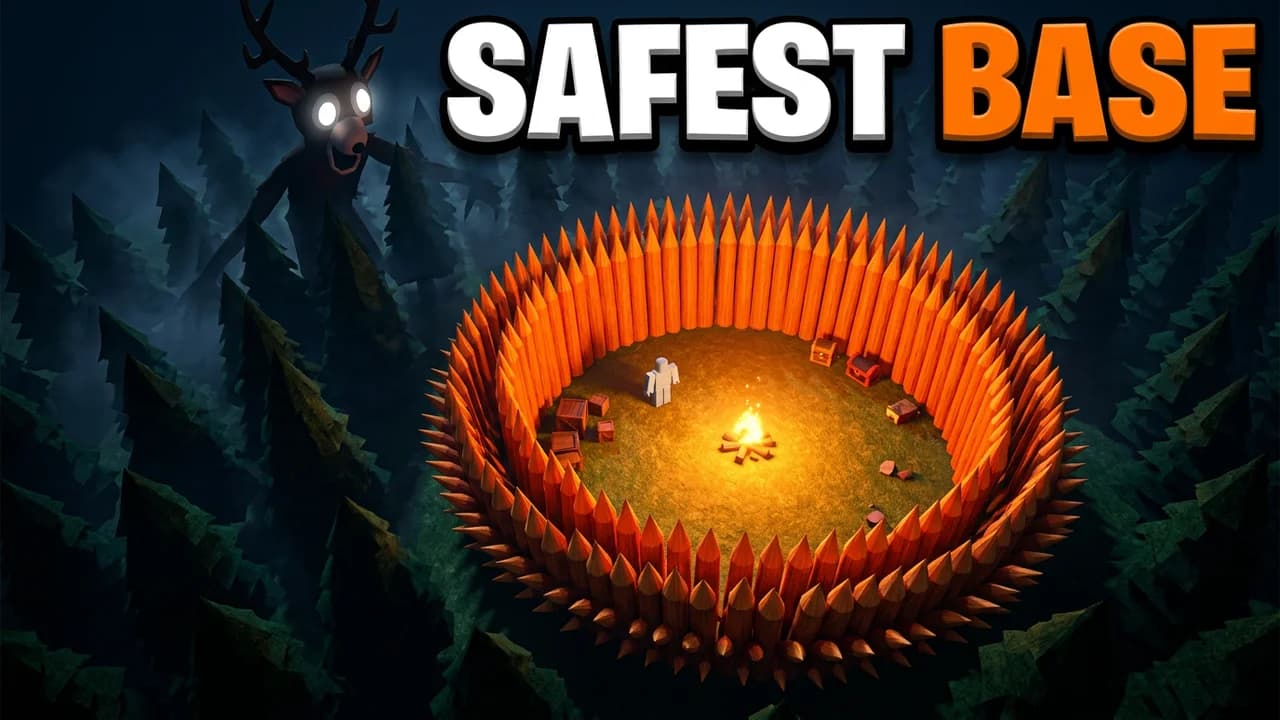 99 Nights in the Forest base thumbnail template, a top-down view of a round base ringed with orange log spikes around a campfire, a small player inside and the Deer at the edge of the forest, SAFEST BASE text