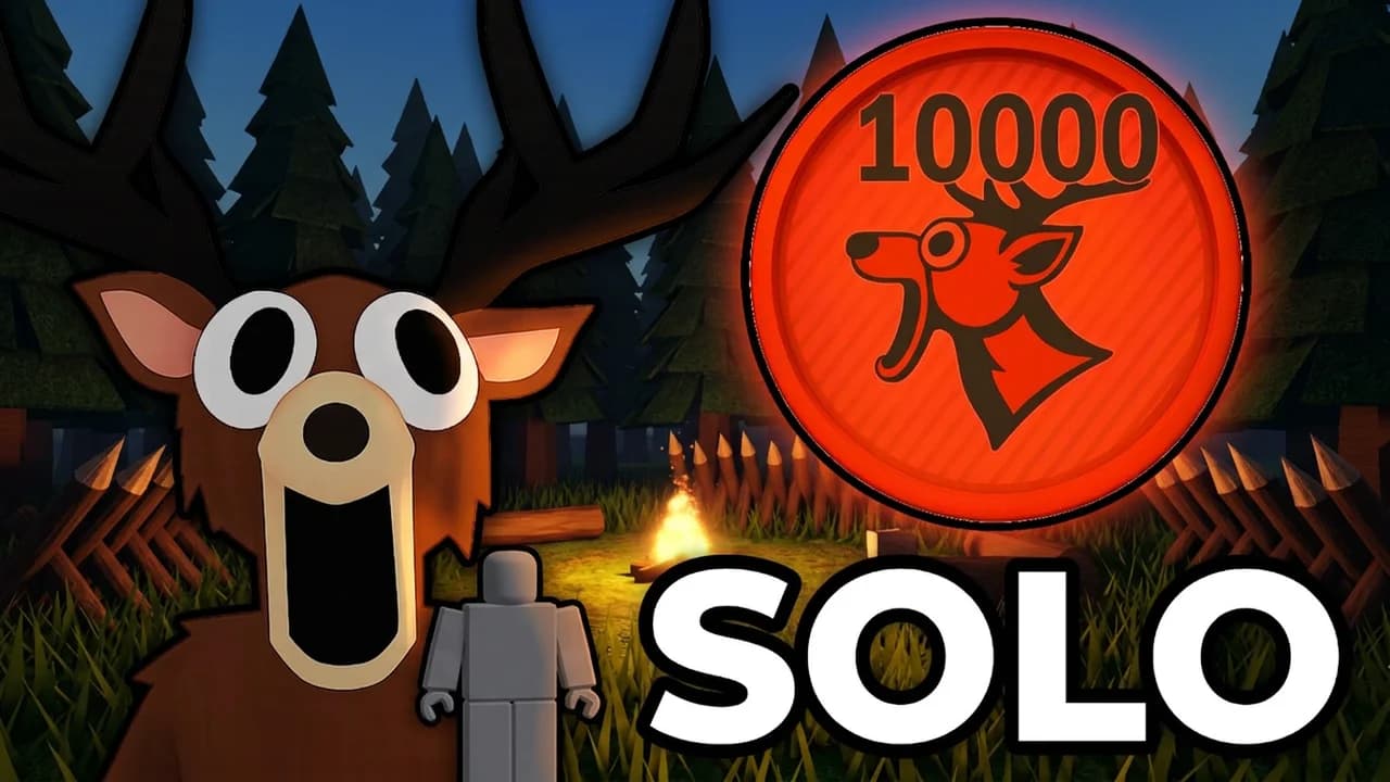 99 Nights in the Forest solo thumbnail template, the Deer close up on the left behind a small player, a big orange coin with a deer head and 10000 on it, SOLO text