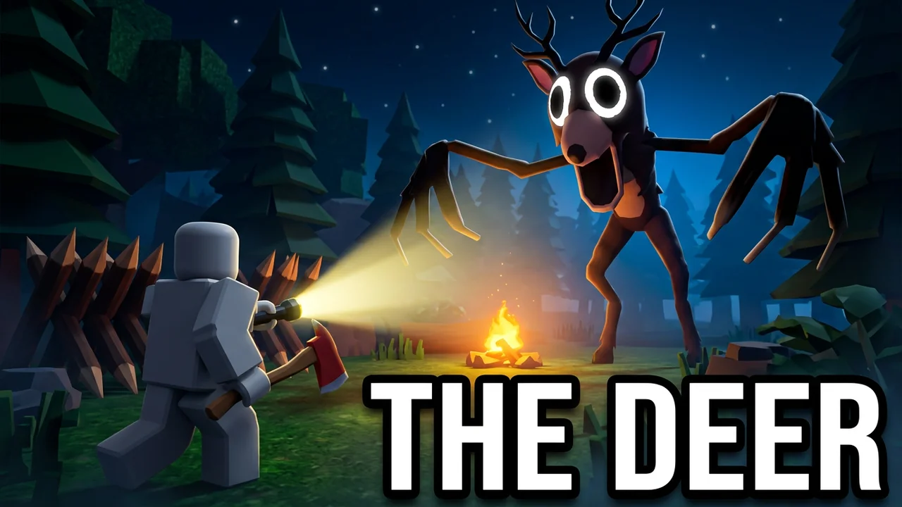 99 Nights in the Forest Deer thumbnail template, the tall antlered Deer monster with glowing white eyes looming over a player holding a flashlight and an axe by a campfire at night, THE DEER text