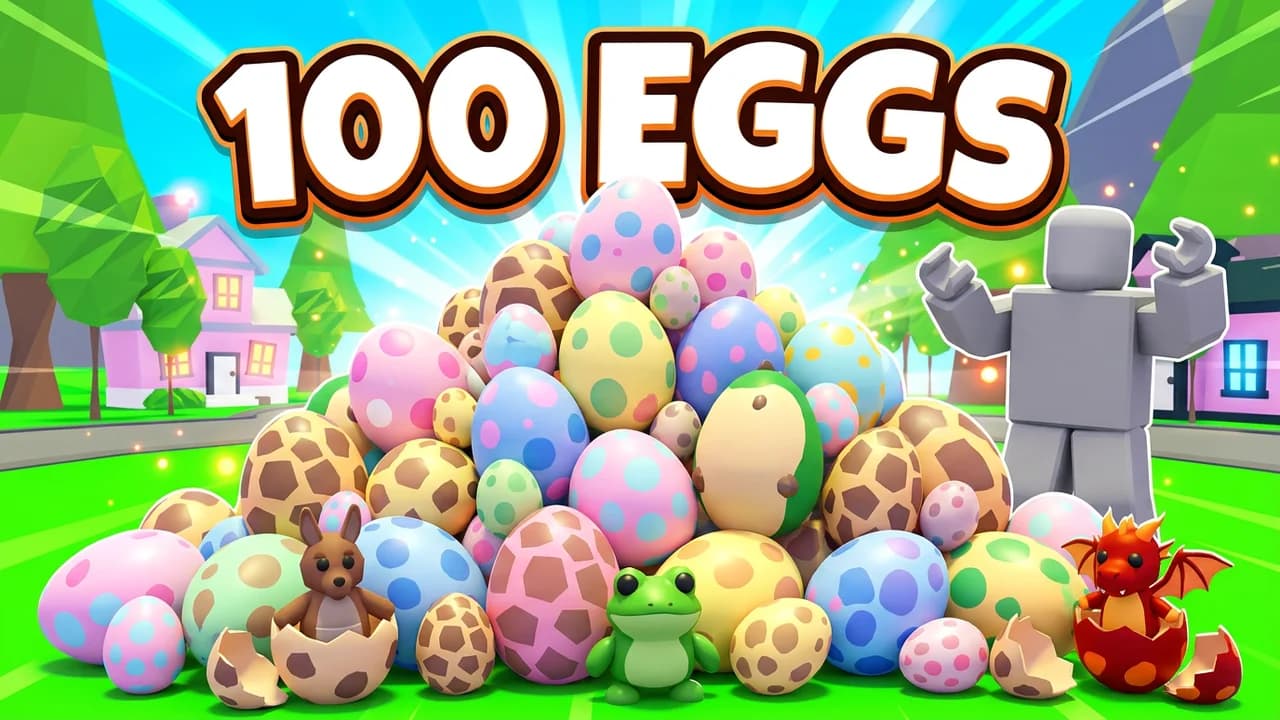 Adopt Me 100 eggs thumbnail template, a cheering player beside a huge pile of pastel spotted eggs with a kangaroo, a frog and a red dragon pet hatching out in front, 100 EGGS text