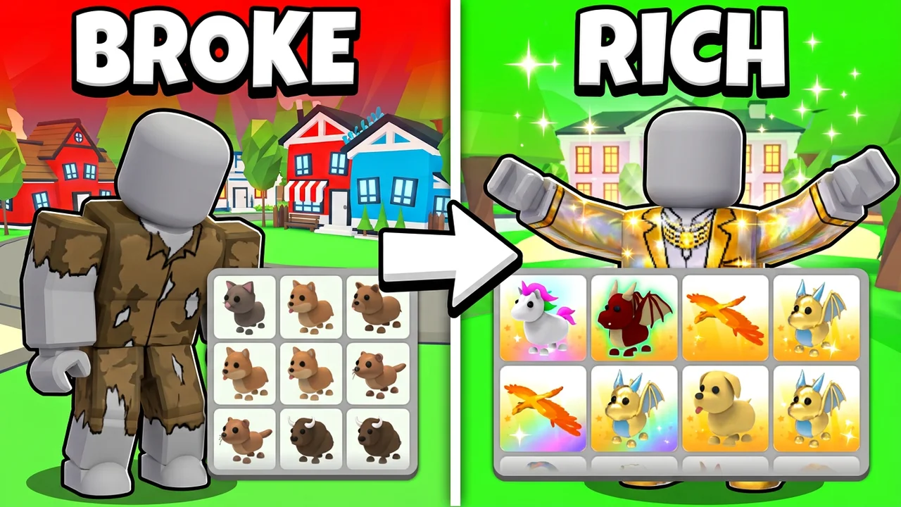 Adopt Me broke to rich thumbnail template, a player in torn brown clothes beside an inventory of plain brown pets on the left, a white arrow to the same player in a shiny gold suit beside an inventory of glowing legendary pets on the right, BROKE and RICH text