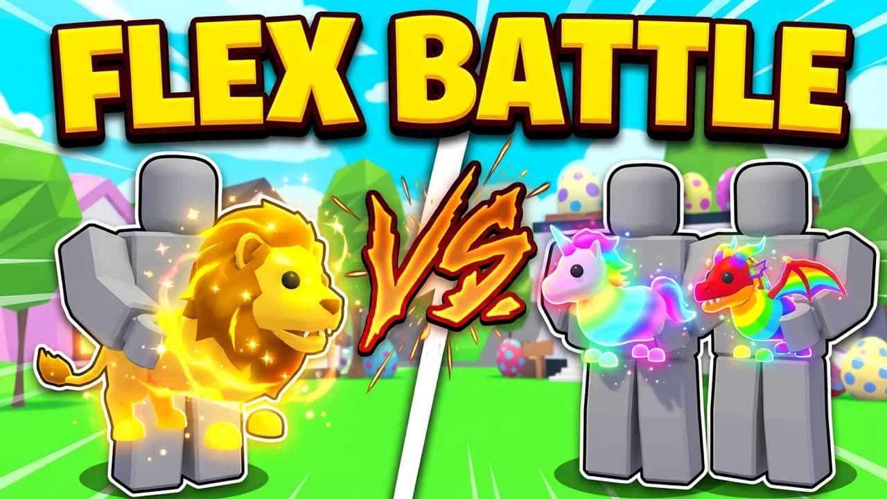 Adopt Me flex battle thumbnail template, a player holding a glowing golden lion pet on the left, two players holding a rainbow unicorn and a rainbow winged dragon on the right, a fiery VS between them, FLEX BATTLE text