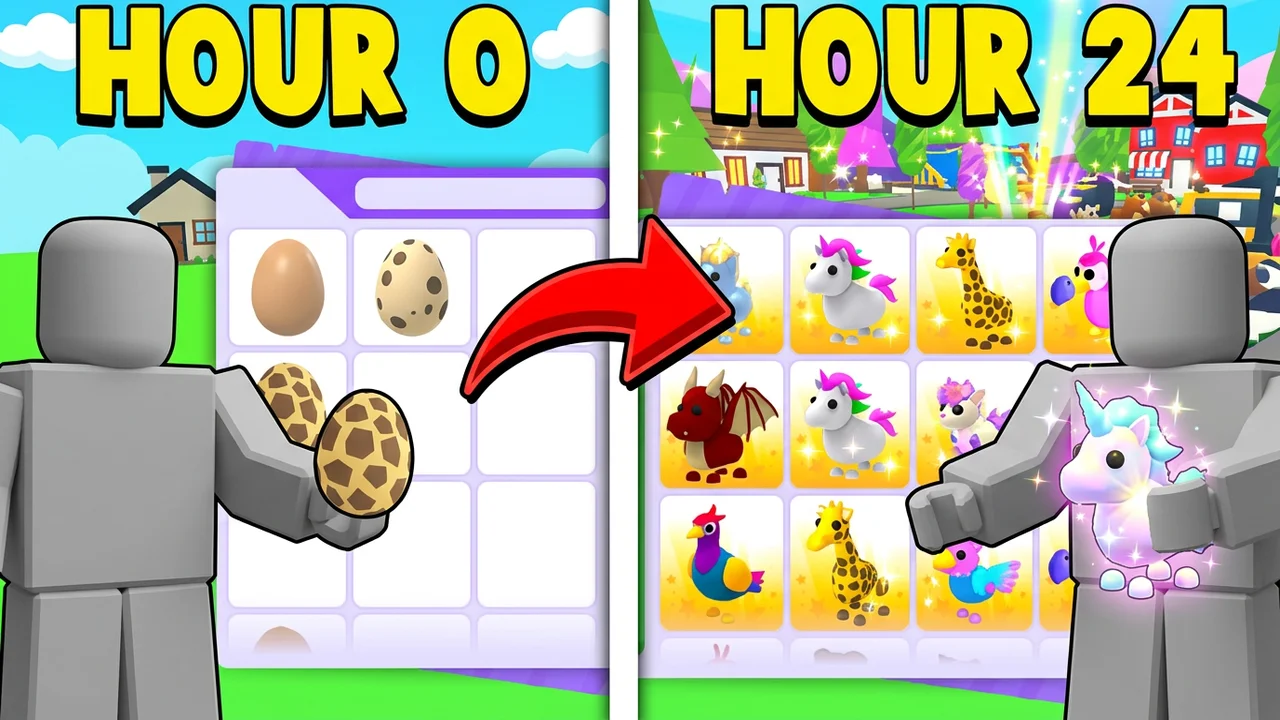 Adopt Me hour 0 vs hour 24 thumbnail template, a player holding spotted eggs beside a near empty inventory on the left, a red arrow to a player with a glowing unicorn beside an inventory full of unicorns, giraffes and dragons on the right, HOUR 0 and HOUR 24 text