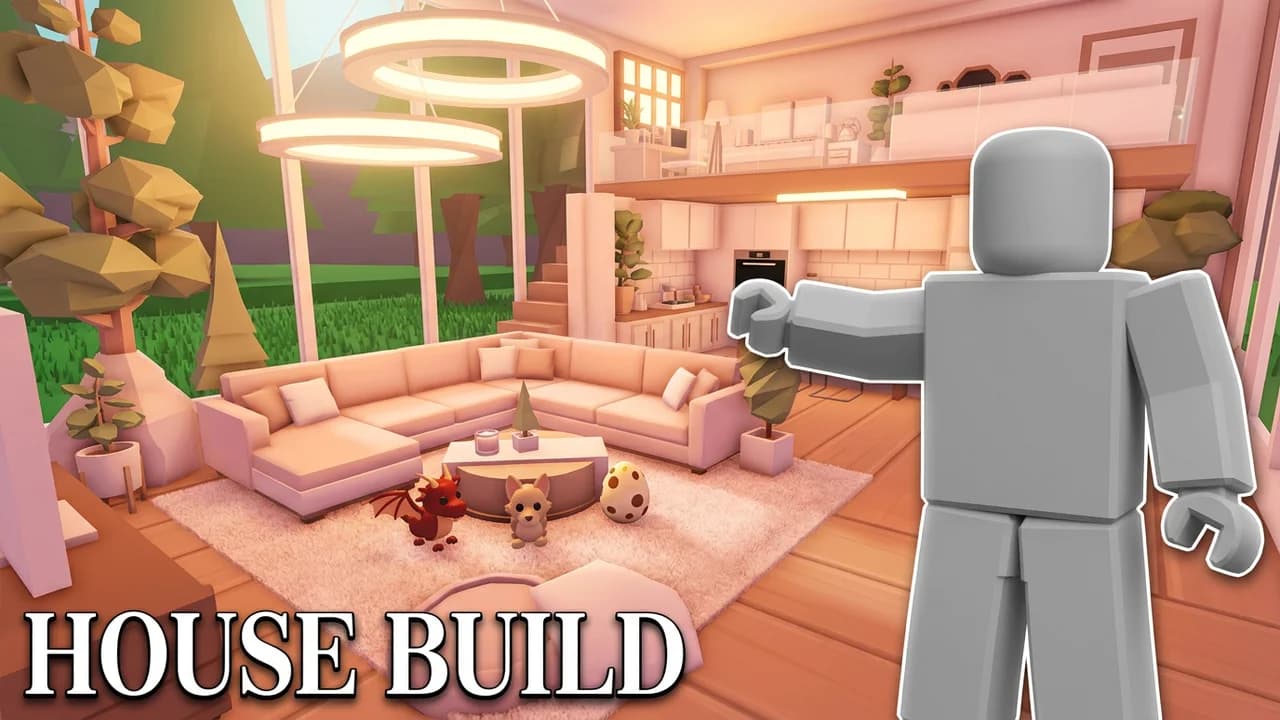 Adopt Me house build thumbnail template, a player pointing at a cosy peach living room with a big sofa, ring lights, plants and small pets on the rug, HOUSE BUILD text