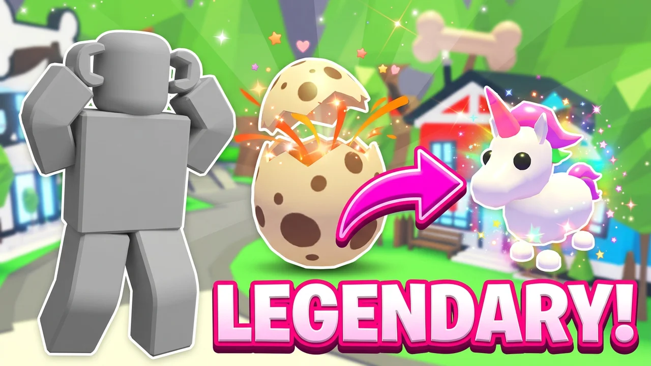 Adopt Me legendary hatch thumbnail template, an amazed player holding their head beside a cracked spotted egg, a pink arrow to a white unicorn pet with a rainbow mane and sparkles, LEGENDARY! text