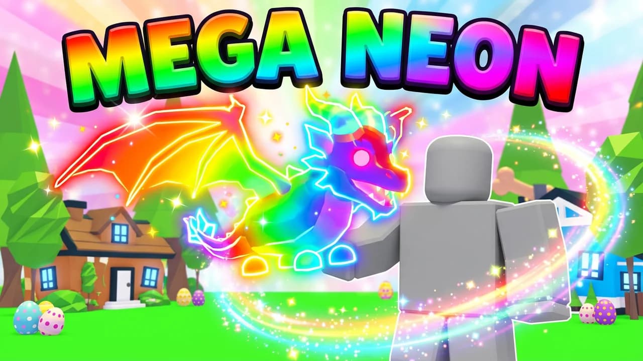 Adopt Me mega neon thumbnail template, a player holding up a glowing rainbow mega neon dragon pet with neon outlined wings and a swirl of sparkles in a pastel neighbourhood, MEGA NEON rainbow text