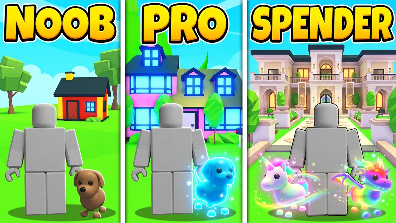 Adopt Me noob vs pro vs spender thumbnail template, three panels: a player with a brown puppy by a small yellow house, a player with a glowing blue puppy by a bigger house, a player with rainbow unicorn and dragon pets by a mansion, NOOB, PRO and SPENDER text