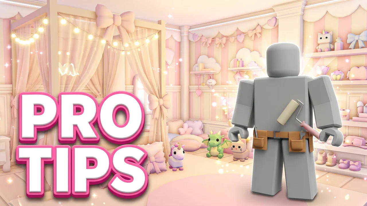 Adopt Me building tips thumbnail template, a player with a tool belt and paint roller in a pastel pink bedroom with a canopy bed, fairy lights, bows and plush pets, PRO TIPS text