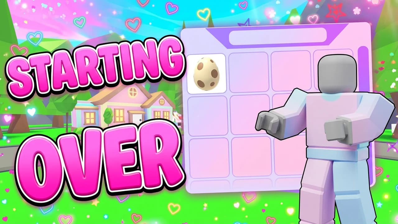 Adopt Me starting over thumbnail template, a player in a pastel outfit beside an empty pink inventory with one spotted egg, hearts all over a bright sky, STARTING OVER pink text