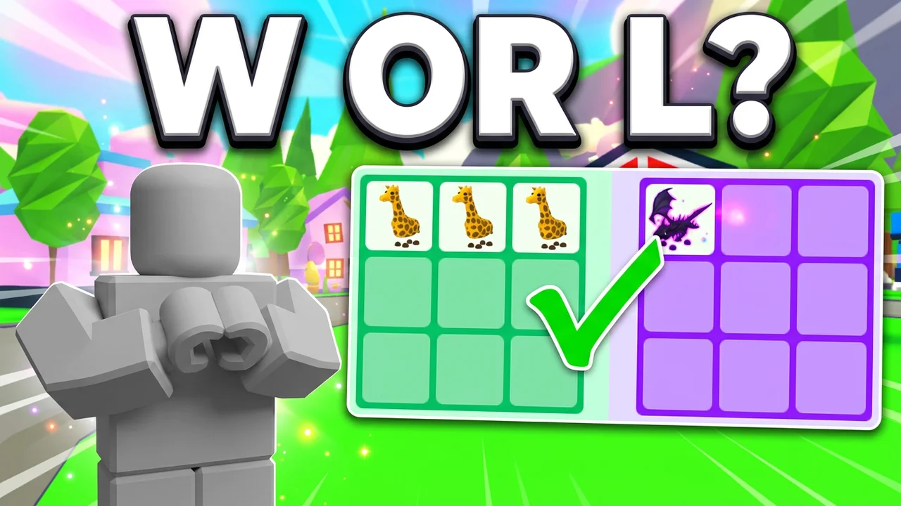Adopt Me trade thumbnail template, a nervous player with hands together beside a trade window with three giraffe pets on the green side and one shadow dragon on the purple side, a green check mark, W OR L? text