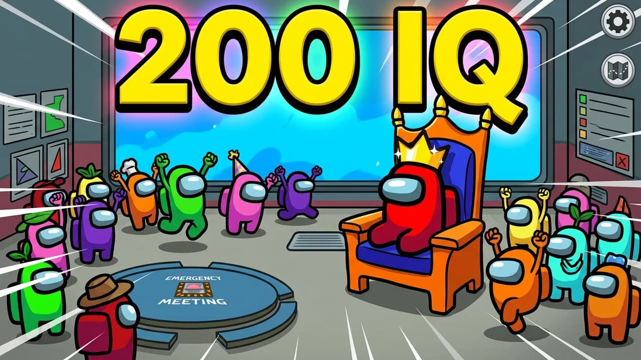 Among Us king thumbnail template, a red crewmate with a golden crown on an orange throne with crewmates cheering on both sides, 200 IQ text
