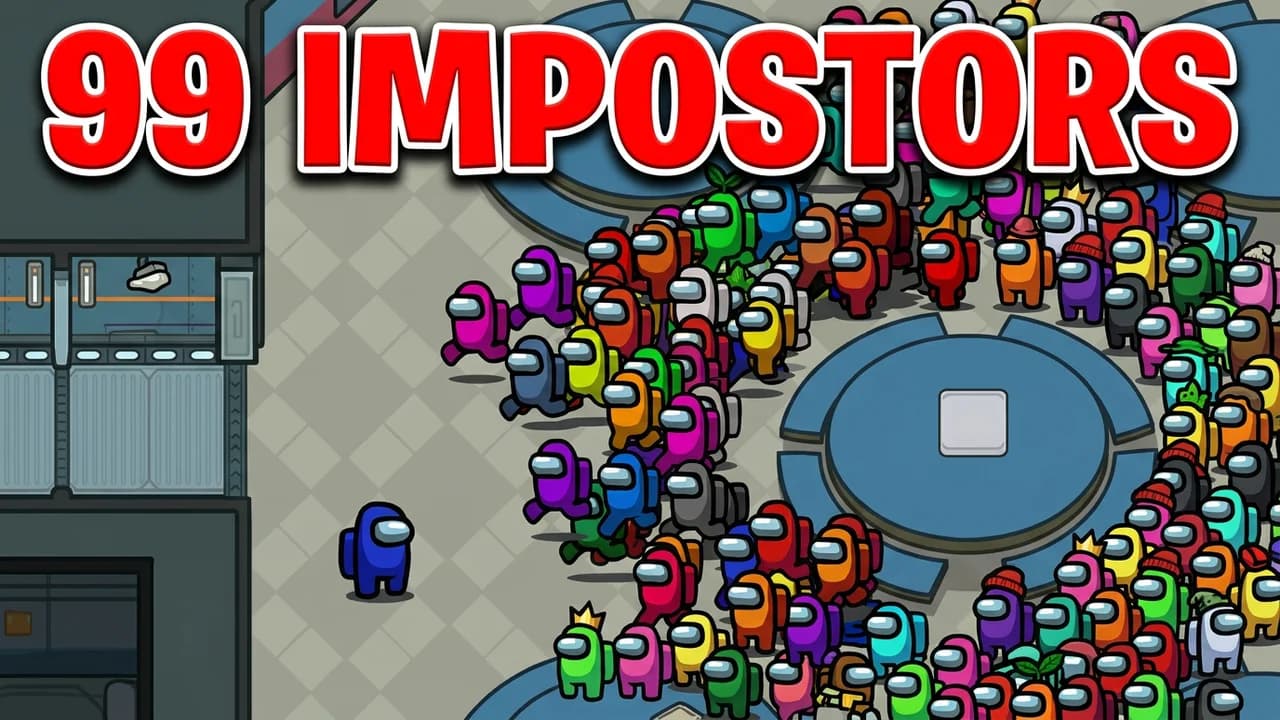 Among Us chaos thumbnail template, a top-down cafeteria packed with crewmates in every colour around the tables and one lone blue crewmate, 99 IMPOSTORS text