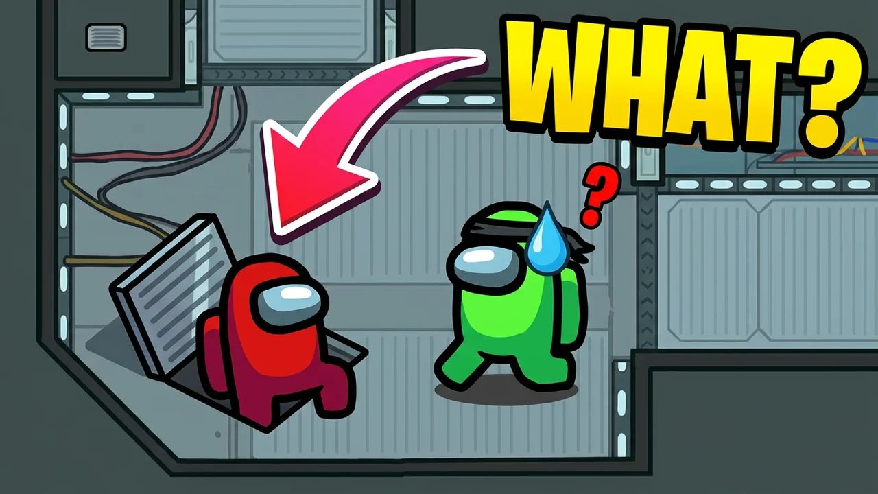 Among Us vent thumbnail template, a red crewmate popping out of a vent next to a shocked green crewmate, a pink arrow at the vent, WHAT? text
