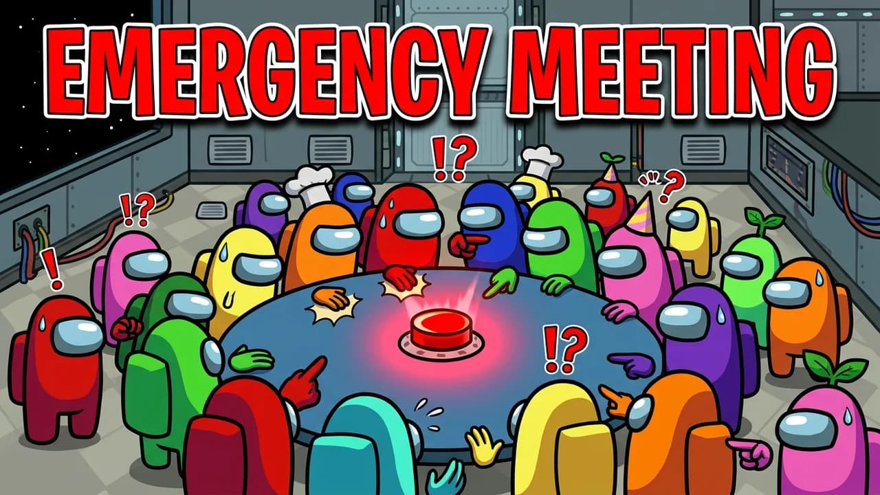 Among Us meeting thumbnail template, crewmates in every colour crowding the round table, slapping it and pointing around the glowing red button, EMERGENCY MEETING text