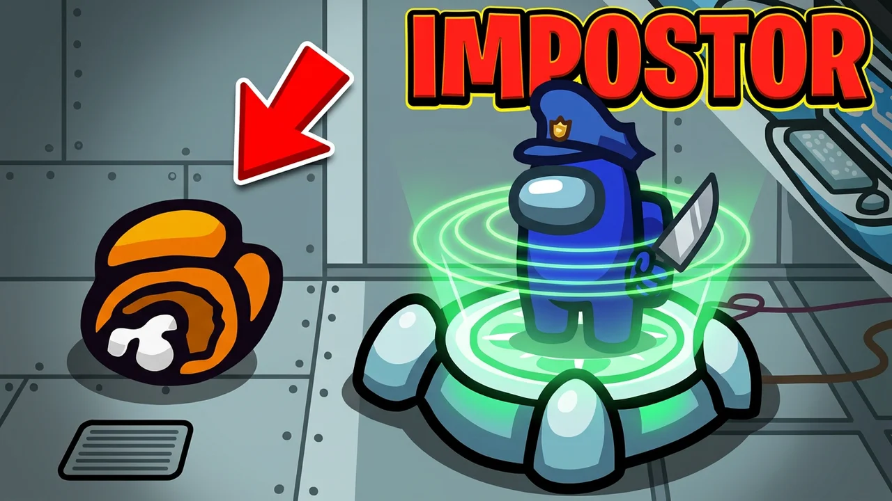 Among Us impostor thumbnail template, a blue crewmate in a police cap on a glowing scanner pad hiding a knife, a red arrow at a fallen orange crewmate, IMPOSTOR text
