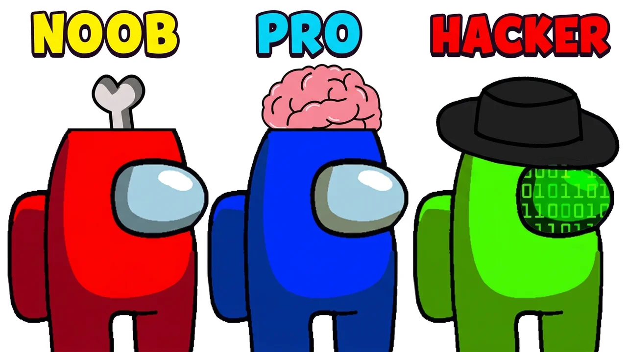 Among Us noob pro hacker thumbnail template, a red crewmate with a bone, a blue crewmate with a brain and a green crewmate in a black hat with code on its visor, NOOB, PRO and HACKER text