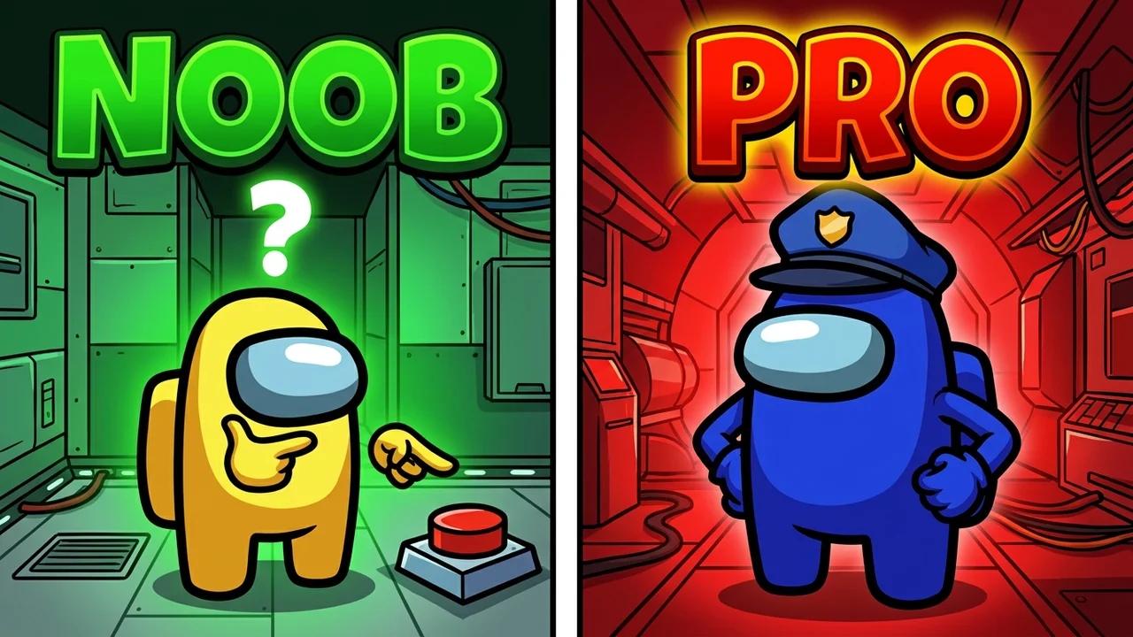 Among Us noob vs pro thumbnail template, a confused yellow crewmate next to the emergency button on green on the left, a confident blue crewmate in a police cap on red on the right, NOOB and PRO text