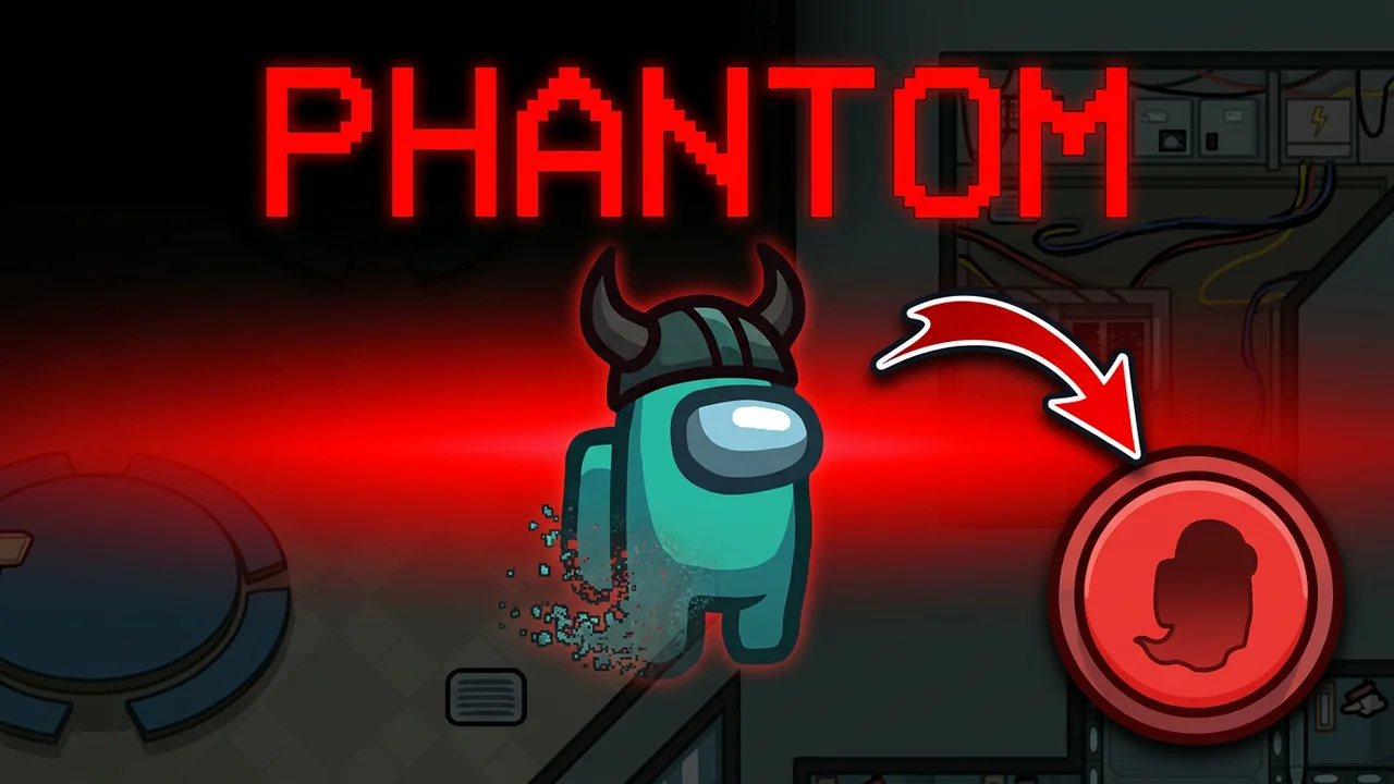 Among Us role thumbnail template, a teal crewmate in a horned helmet fading away on a red glow with an arrow to a red vanish button, PHANTOM text