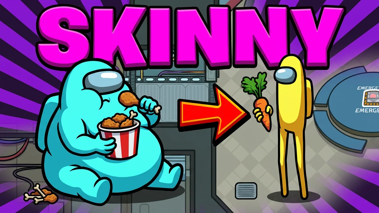 Among Us mod thumbnail template, a chubby cyan crewmate with a bucket of fried chicken, a red arrow to a skinny yellow crewmate with a carrot, SKINNY text