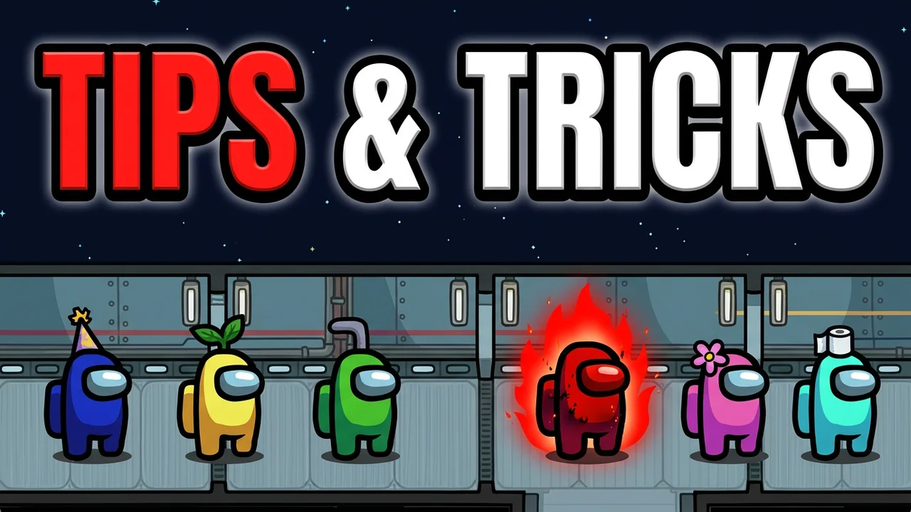 Among Us tips thumbnail template, a line of crewmates in a spaceship hallway with one red crewmate glowing with flames as the impostor, TIPS & TRICKS text