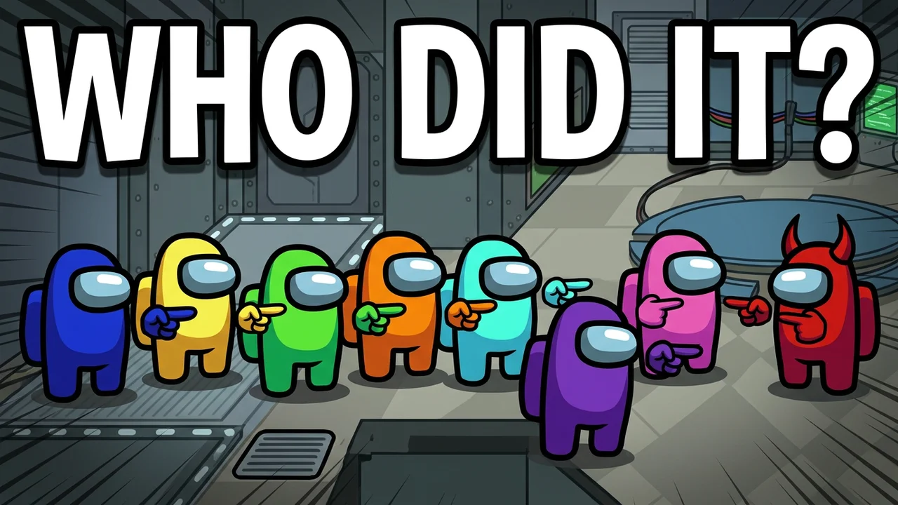 Among Us suspicion thumbnail template, a row of eight crewmates pointing at each other in a hallway with a red crewmate with devil horns in the back, WHO DID IT? text