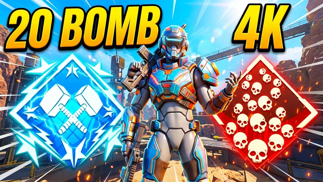 Apex Legends 20 bomb and 4K badge thumbnail template, a player in bright sci-fi armour between a blue crossed hammers badge and a red skull badge in a sunny arena, 20 BOMB and 4K text