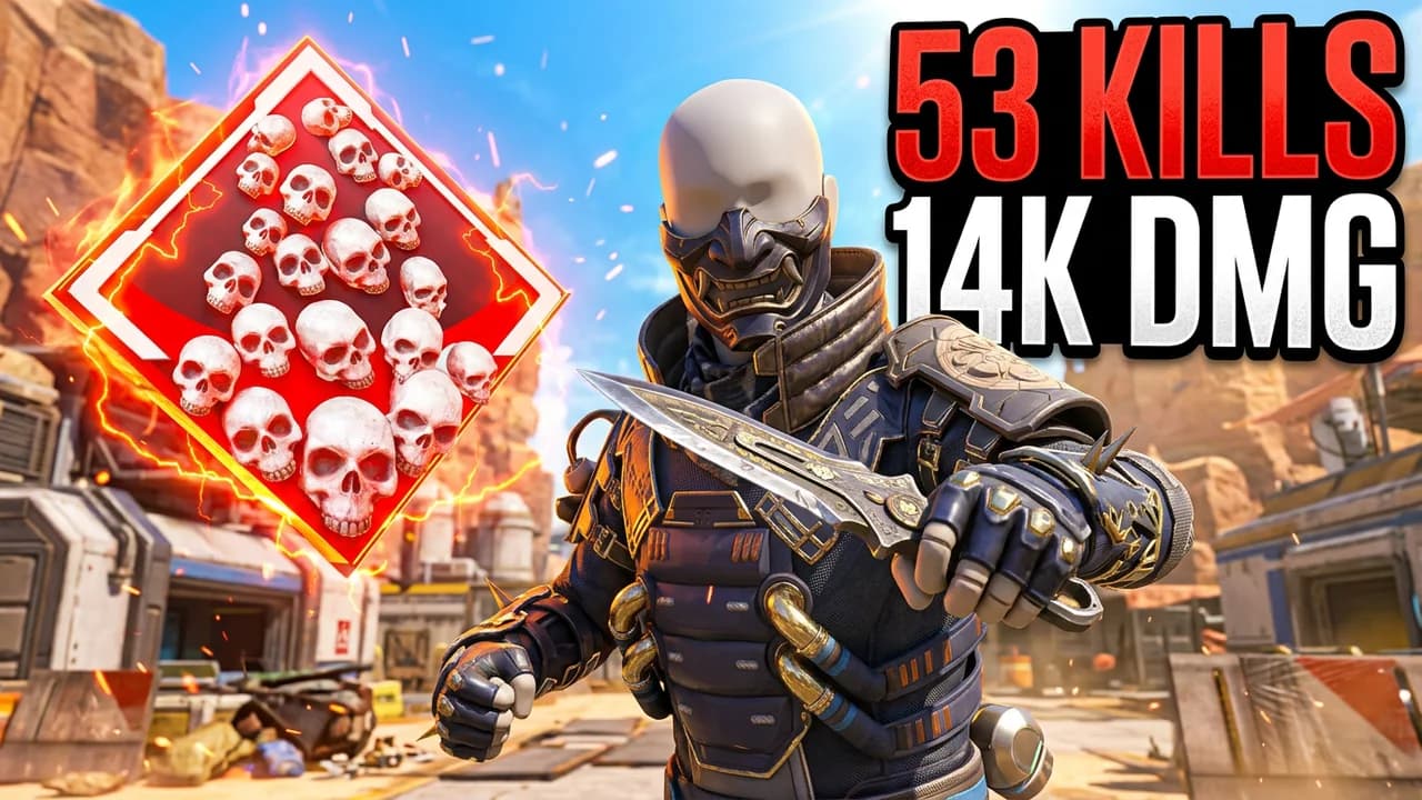 Apex Legends big game thumbnail template, a player in a dark armoured mask and jacket pointing a knife at the viewer in a sunny desert town, a red diamond badge packed with skulls, 53 KILLS and 14K DMG text