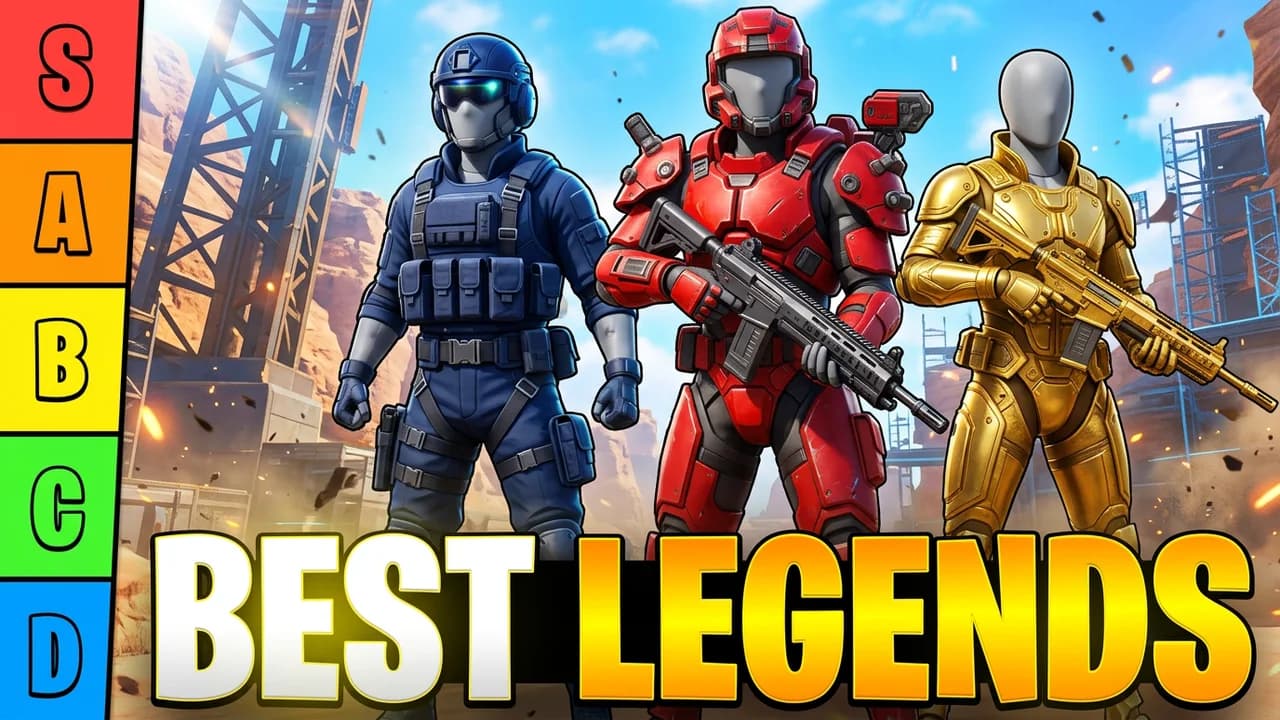Apex Legends tier list thumbnail template, an S to D tier column on the left, three players in a dark blue visor suit, red armour and a gold suit on the right, BEST LEGENDS text