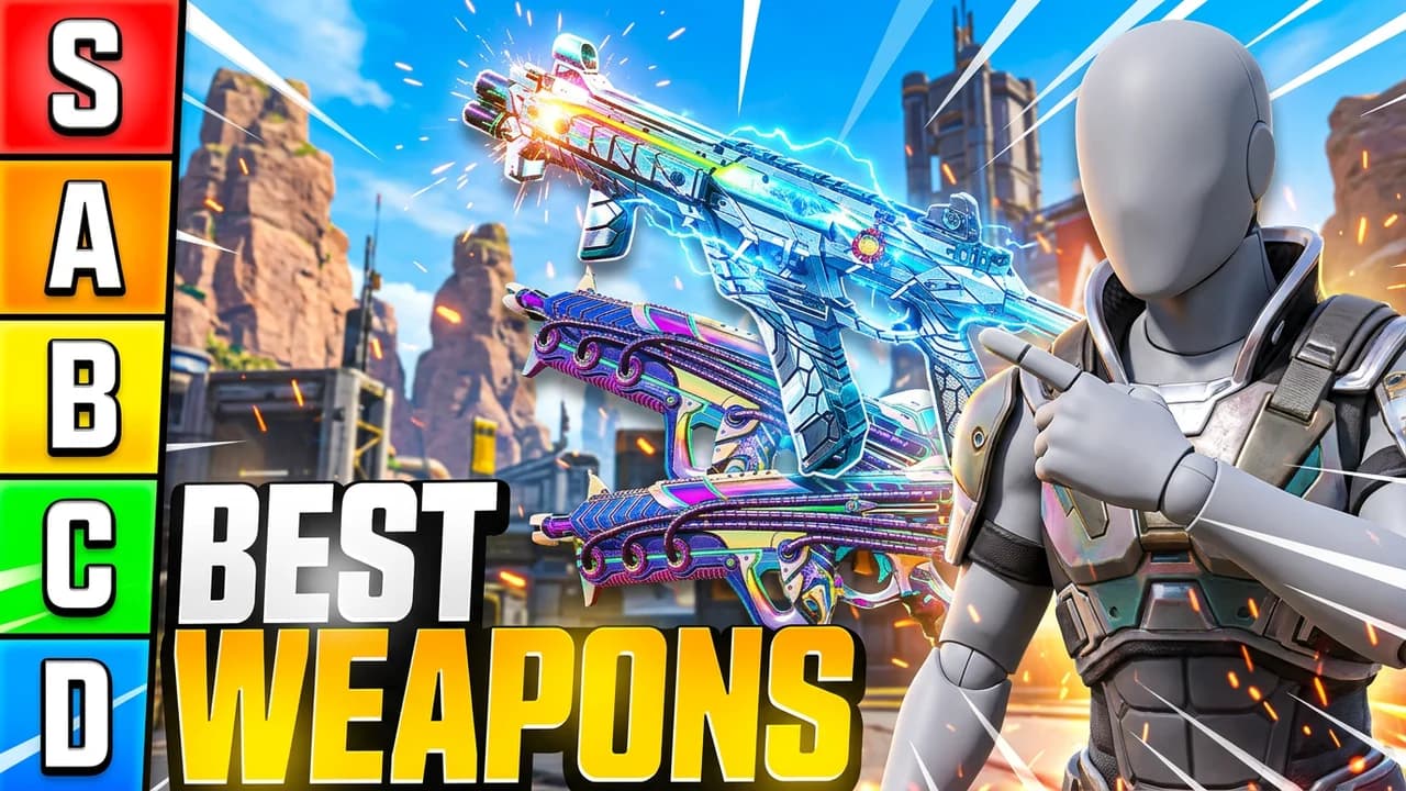 Apex Legends weapon tier list thumbnail template, an S to D tier column, three guns with rainbow and icy blue skins fanned across the frame, a player in grey armour pointing at the top gun, BEST WEAPONS text