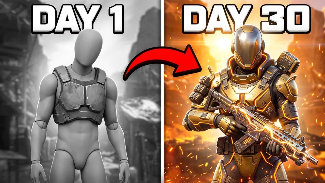 Apex Legends day 1 vs day 30 thumbnail template, a player in dull grey armour in black and white on the left, a red arrow to the same player in gold and black armour with a glowing rifle on an orange background, DAY 1 and DAY 30 text