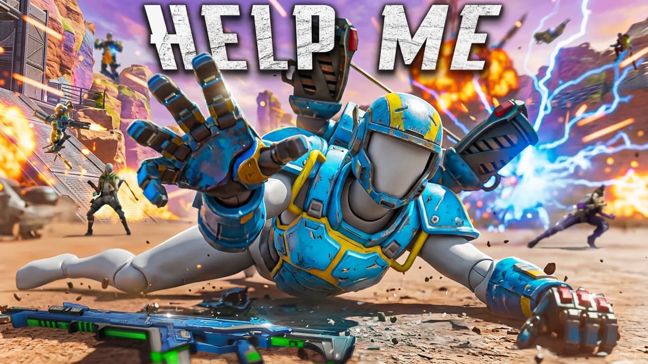 Apex Legends panic thumbnail template, a player in blue sci-fi armour crawling toward the viewer with blasts and lightning around and enemies rushing in behind, HELP ME text
