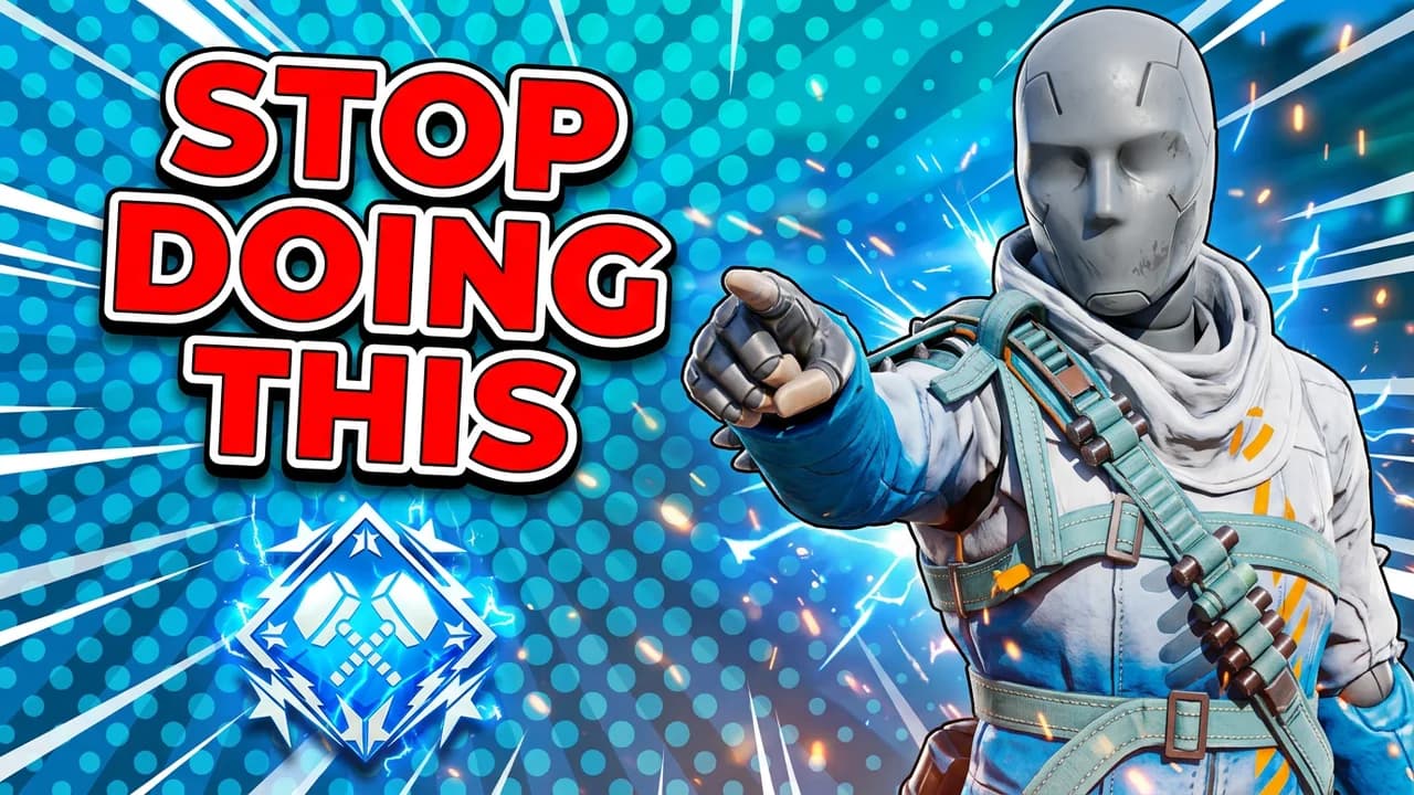 Apex Legends mistakes thumbnail template, a player in a white jacket pointing at the viewer, a blue crossed hammers badge on a bright blue background, STOP DOING THIS text
