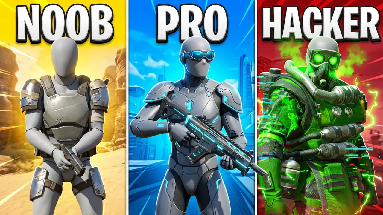 Apex Legends noob pro hacker thumbnail template, three tall yellow, blue and red panels with a clumsy player, a sleek pro in goggles and a hacker in glowing green toxic armour, NOOB, PRO and HACKER text