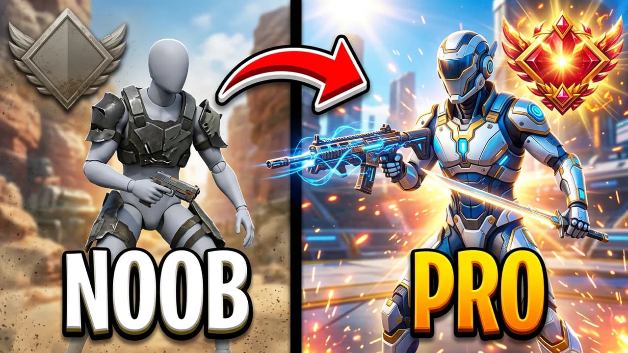 Apex Legends noob vs pro thumbnail template, a player in basic armour with a pistol and a grey rank badge on the left, the same player in white and blue armour with a glowing sword and a red and gold rank badge on the right, NOOB and PRO text