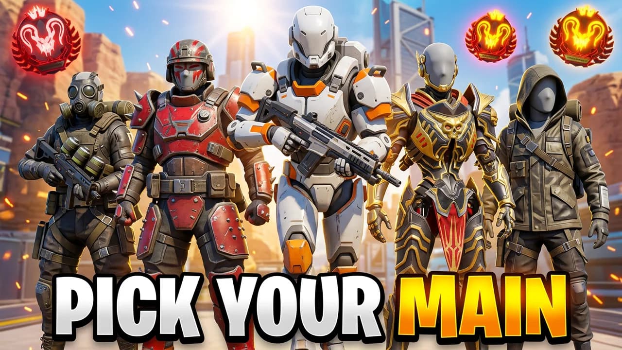 Apex Legends lineup thumbnail template, five players in very different sci-fi kits standing in a row in front of a sunny city, the middle one stepping forward, PICK YOUR MAIN text