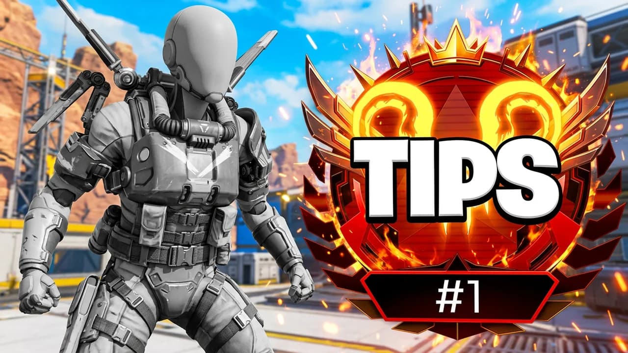 Apex Legends tips thumbnail template, a player in white and grey armour on the left, a huge glowing red and gold top rank emblem with flames on the right, TIPS and #1 text