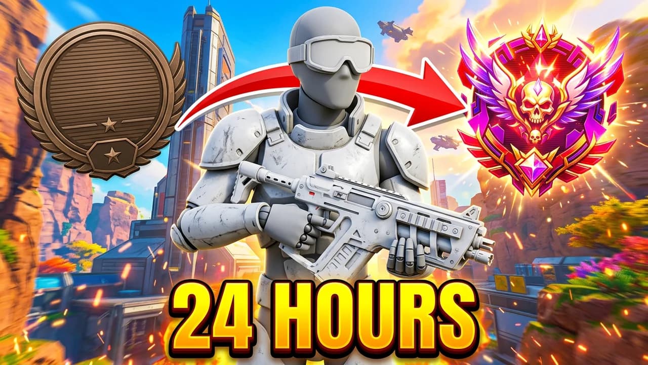 Apex Legends ranked climb thumbnail template, a player in white armour and yellow goggles with a rifle, a bronze rank emblem on the left and a red arrow to a glowing purple top rank emblem, 24 HOURS text